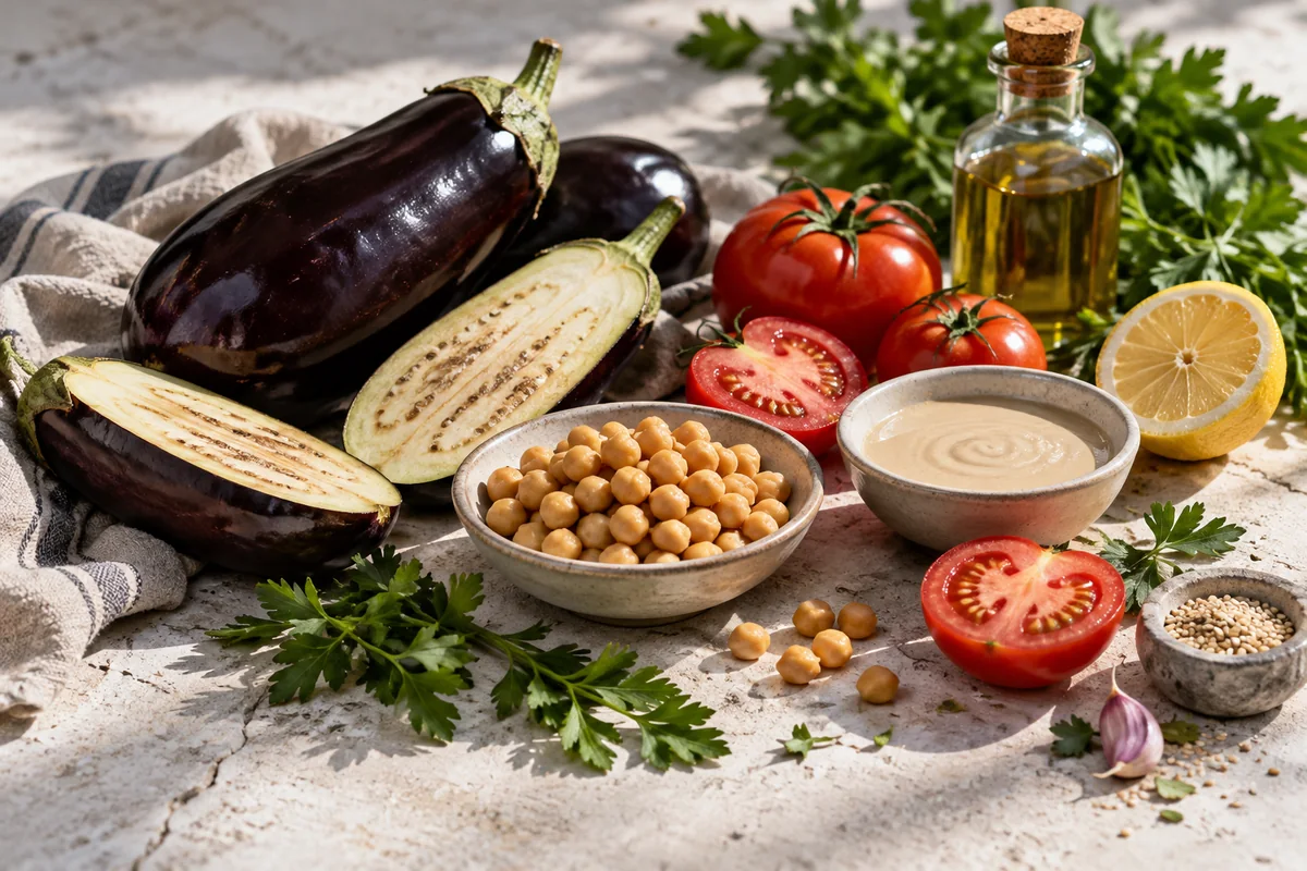 חצילים, עגבניות, חומוס וטחינה על שולחן