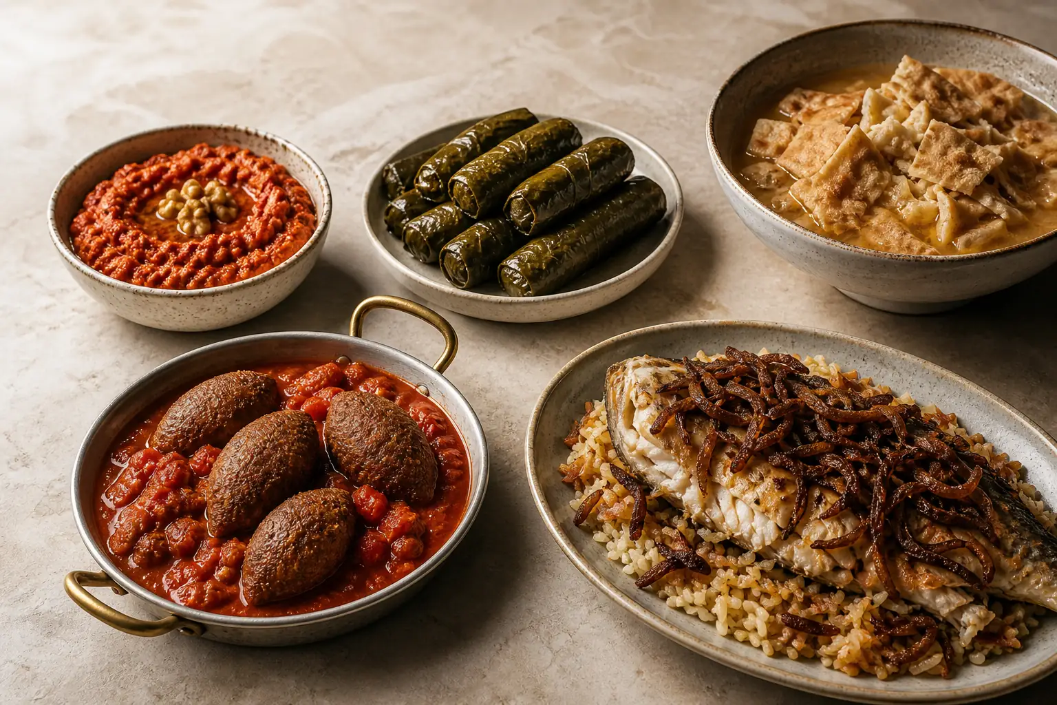 שולחן אזורי סורי עשיר במנות, דגנים ותבלינים